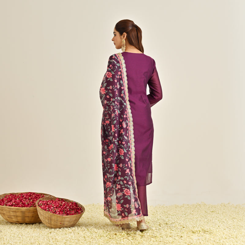 Burgundy Straight Festive Kurta Set with Printed Dupatta & Yoke Detail