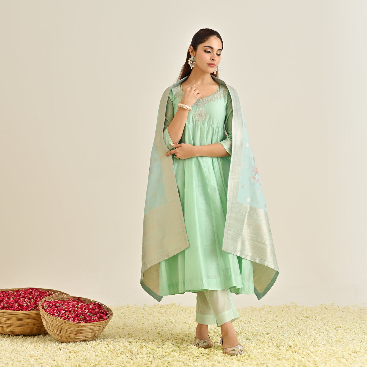 Mint Festive Anarkali Set with Brocade Dupatta
