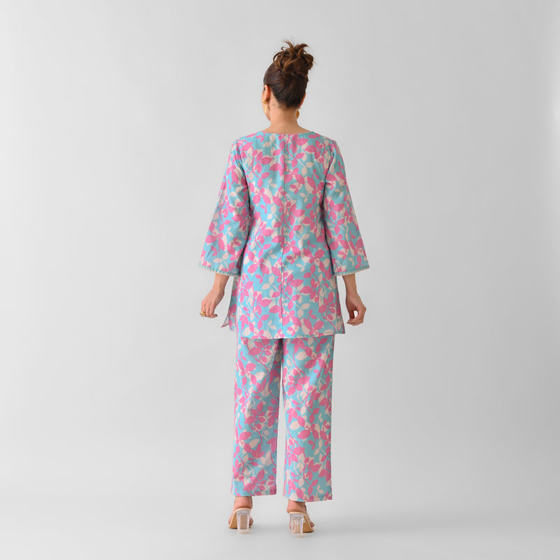 Sky Blue Leaf Angrakha Cotton Co-ord Set