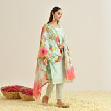 Mint Festive Embroidered Kurta Set with Printed Dupatta & Round Yoke Detail