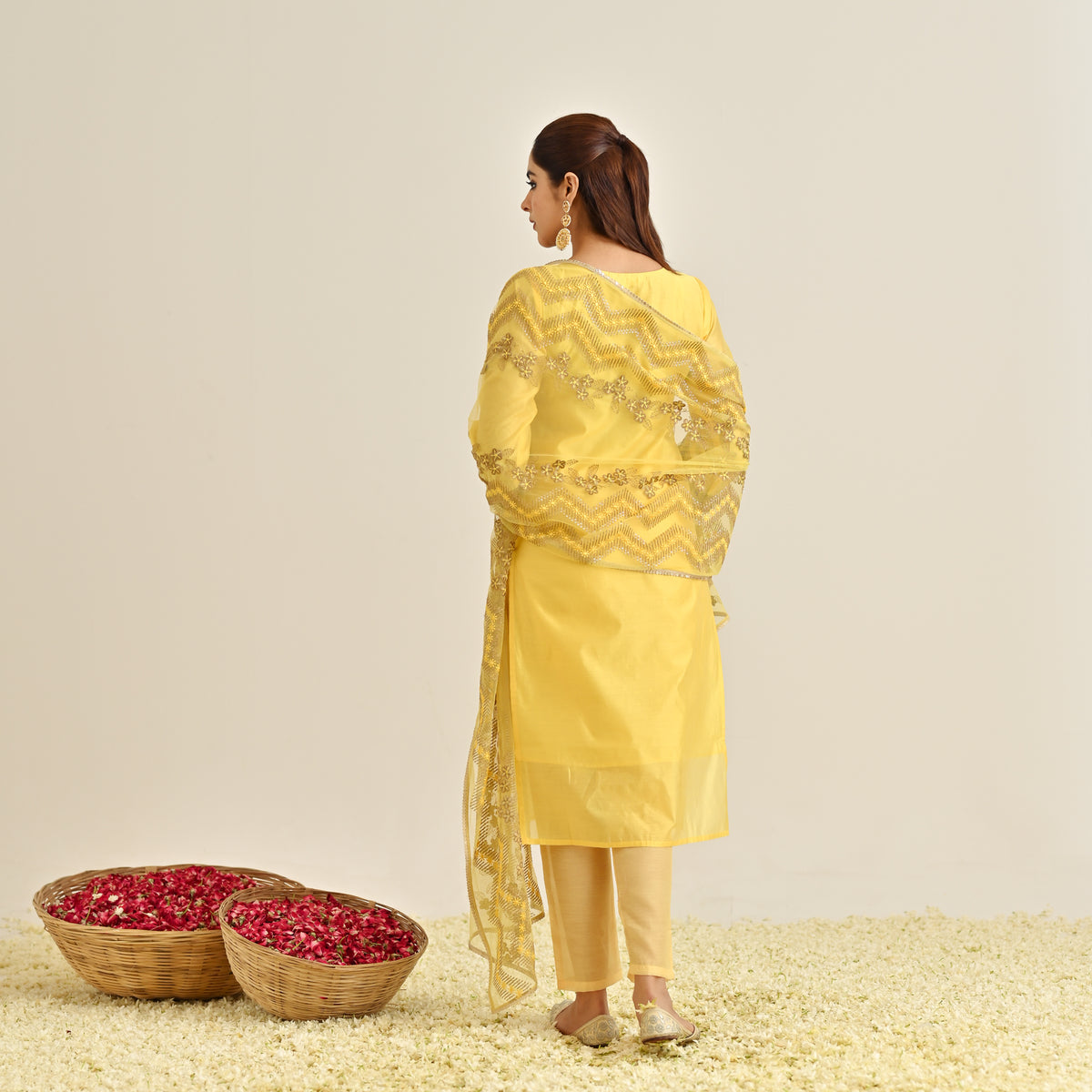 Yellow Festive Embroidered Kurta Set with Embroidered Dupatta & Yoke Detail