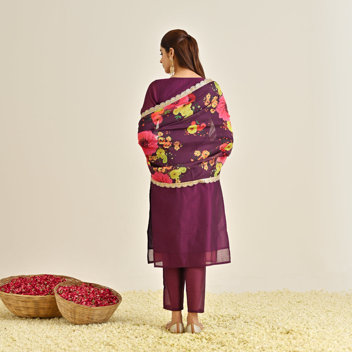 Burgundy Festive Embroidered Kurta Set with Printed Dupatta & Round Yoke Detail