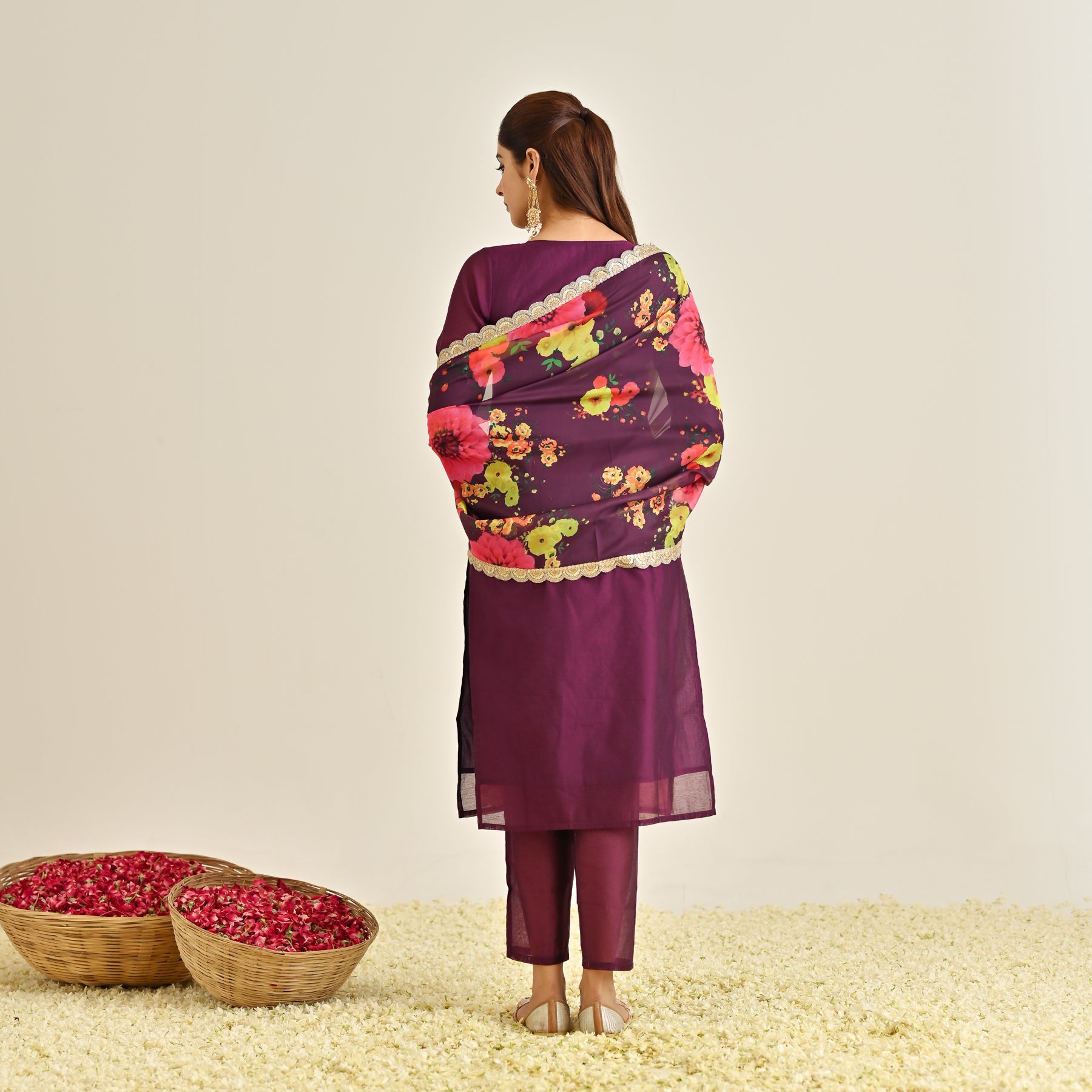 Burgundy Festive Embroidered Kurta Set with Printed Dupatta & Round Yoke Detail
