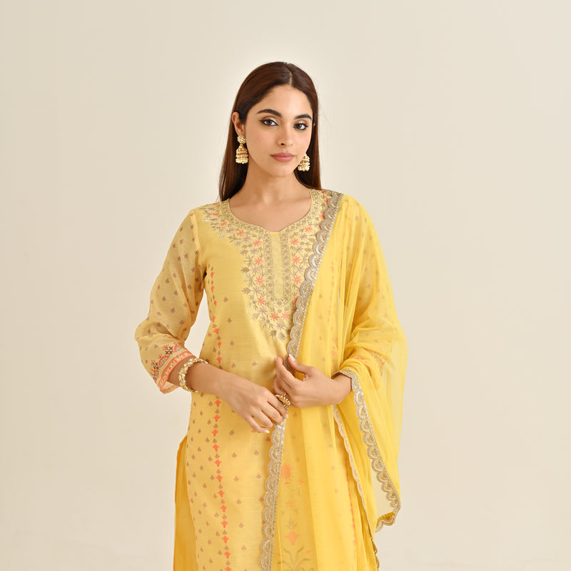 Buy Mango Yellow Floral Straight Kurta Set with Yoke Embroidery Dupatta Rustorange