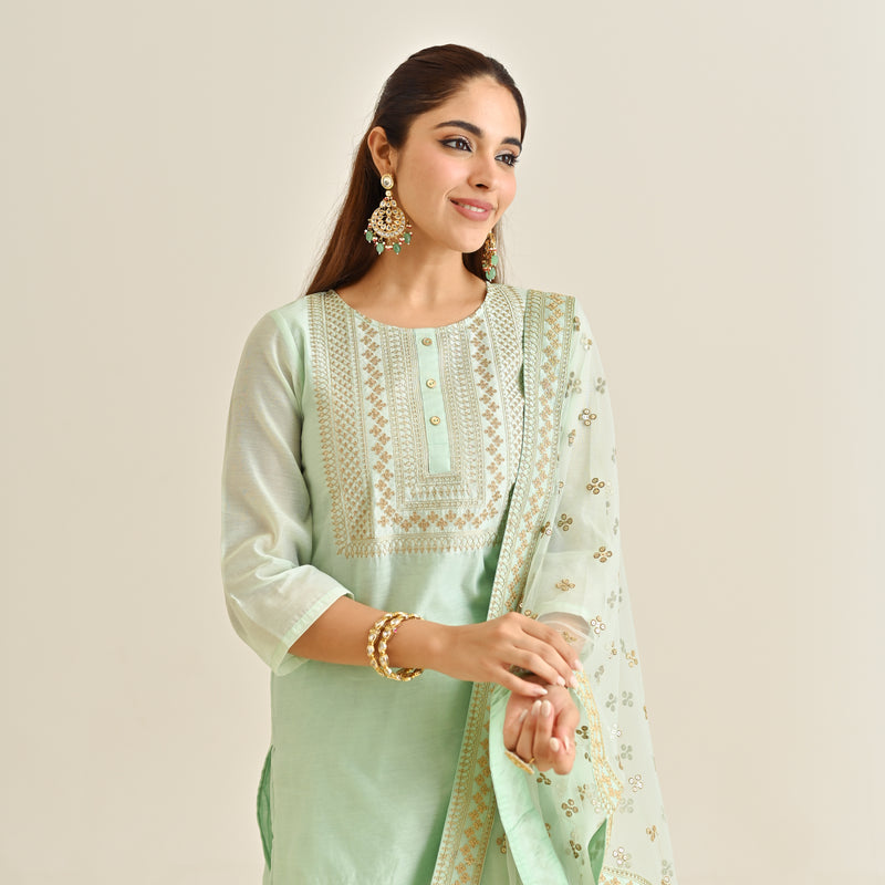 Buy Mint Festive Embroidered Kurta Set with Embroidered Dupatta