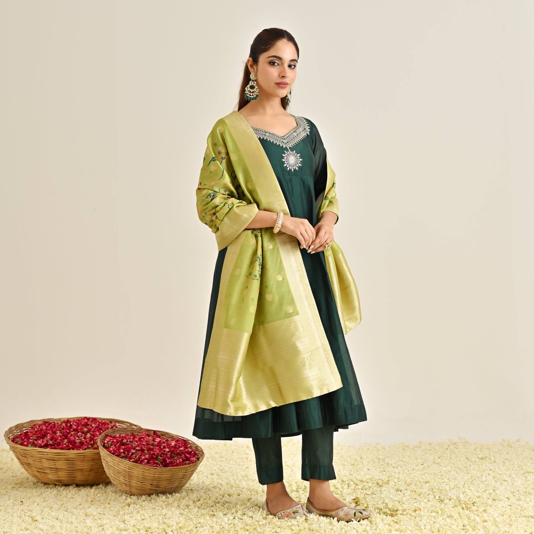 Buy Emerald Green Festive Anarkali Set with Brocade Dupatta | Rustorange