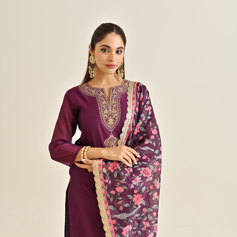 Buy Burgundy Straight Festive Kurta Set with Printed Dupatta