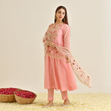 Light Pink Festive Anarkali Set with Embroidered Dupatta & Yoke Detail