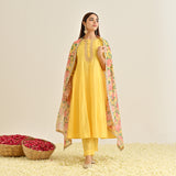 Mango Yellow Anarkali Set with Floral Printed Dupatta & Yoke Embroidery