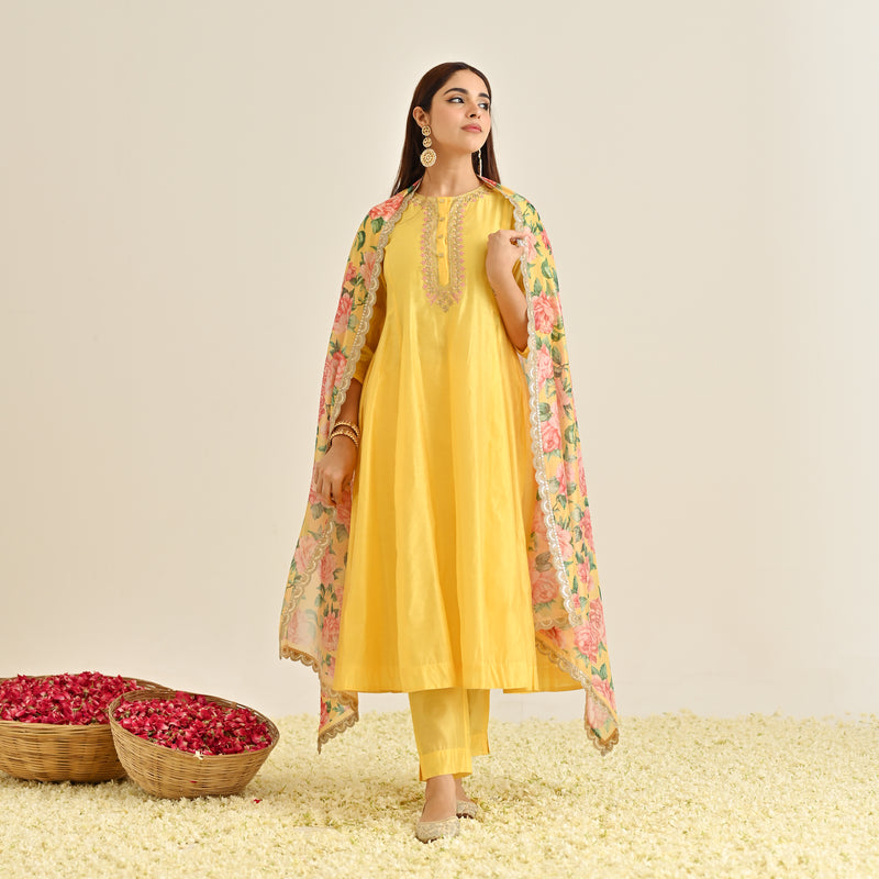 Mango Yellow Anarkali Set with Floral Printed Dupatta & Yoke Embroidery
