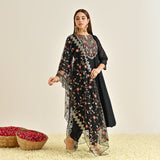 Black Festive Anarkali Set with Embroidered Dupatta & Yoke Detail