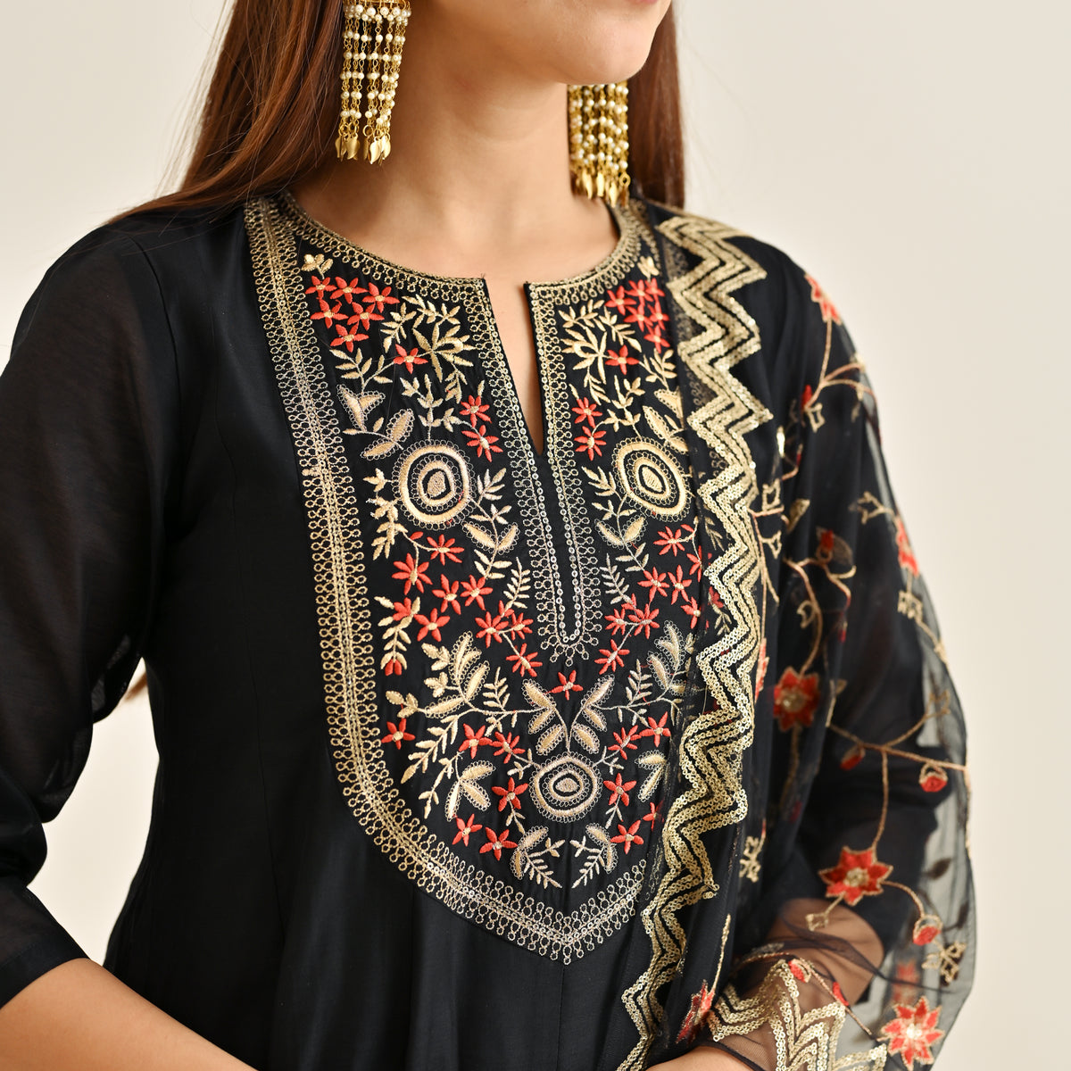 Black Festive Anarkali Set with Embroidered Dupatta & Yoke Detail