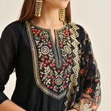 Black Festive Anarkali Set with Embroidered Dupatta & Yoke Detail