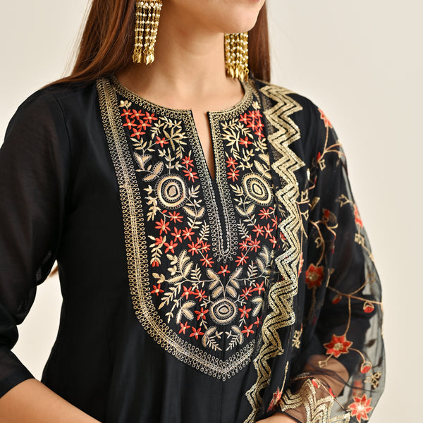 Black Festive Anarkali Set with Embroidered Dupatta & Yoke Detail