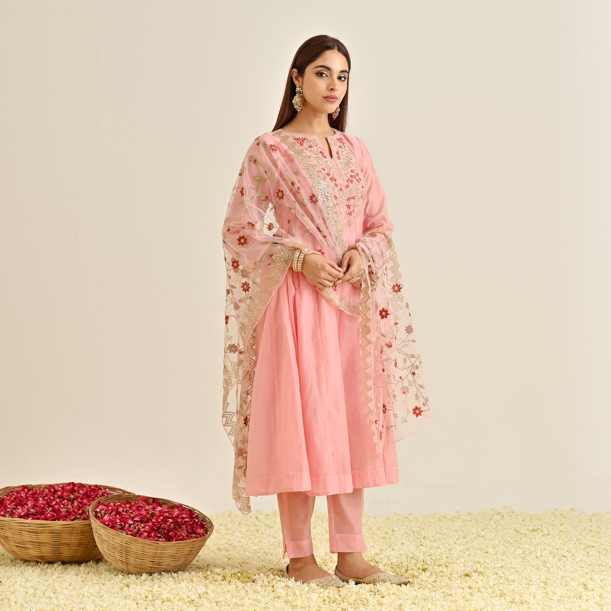 Light Pink Festive Anarkali Set with Embroidered Dupatta & Yoke Detail