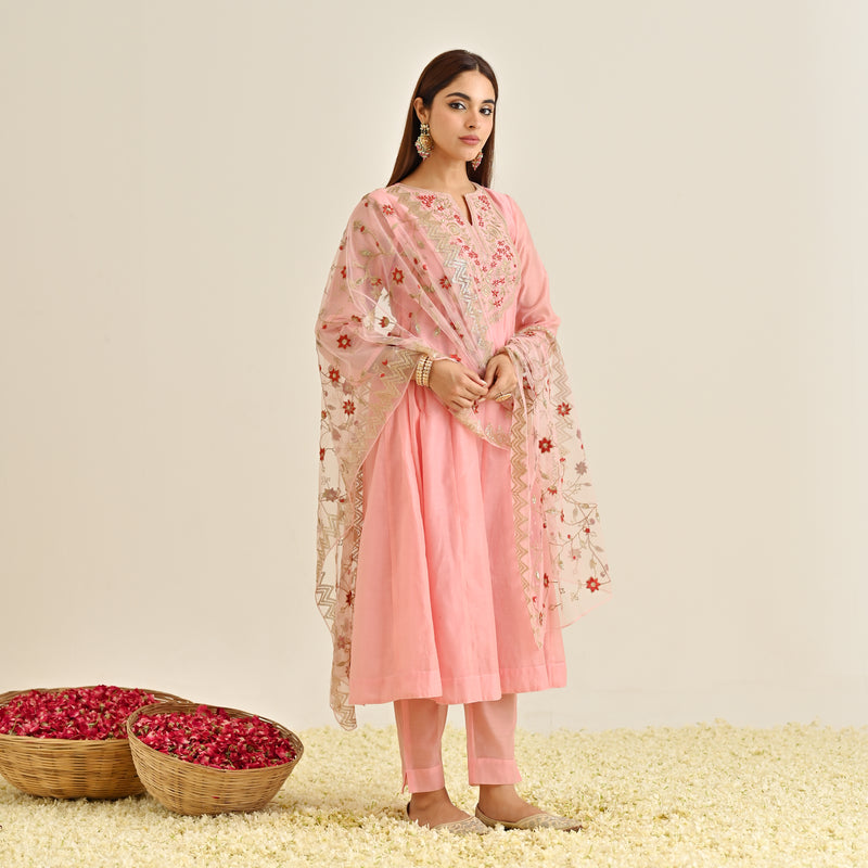 Light Pink Festive Anarkali Set with Embroidered Dupatta & Yoke Detail