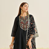 Black Festive Anarkali Set with Embroidered Dupatta & Yoke Detail