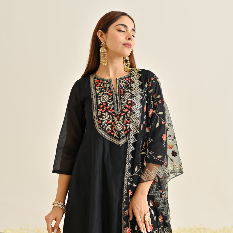 Black Festive Anarkali Set with Embroidered Dupatta & Yoke Detail