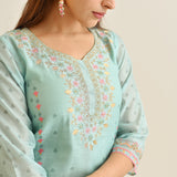 Powder Blue Floral Straight Kurta Set with Yoke Embroidery & Dupatta