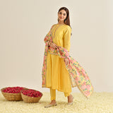 Mango Yellow Anarkali Set with Floral Printed Dupatta & Yoke Embroidery