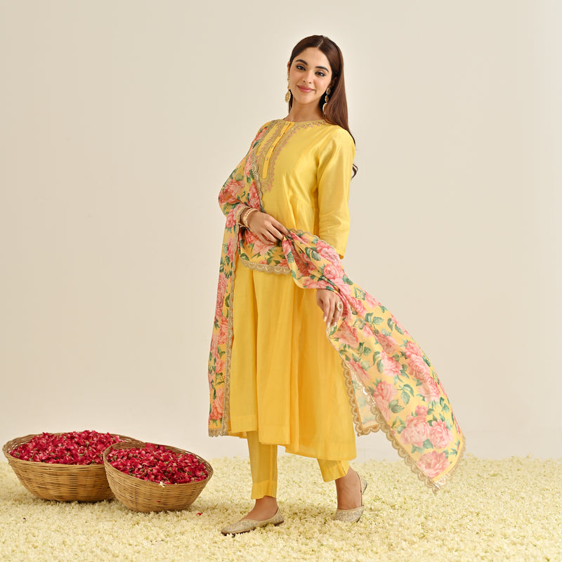 Mango Yellow Anarkali Set with Floral Printed Dupatta & Yoke Embroidery