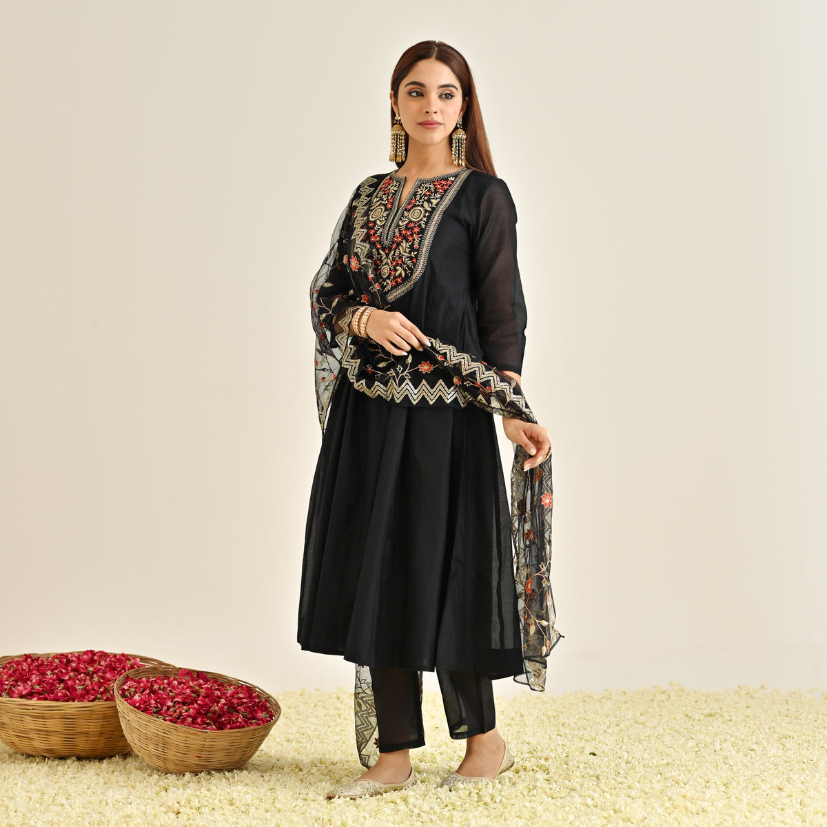 Black Festive Anarkali Set with Embroidered Dupatta & Yoke Detail