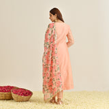 Peach Anarkali Set with Floral Printed Dupatta & Yoke Embroidery