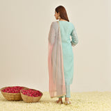 Powder Blue Floral Straight Kurta Set with Yoke Embroidery & Dupatta