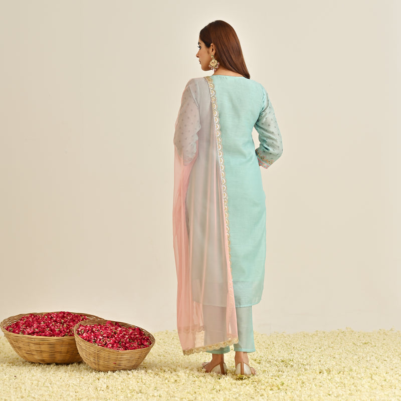 Powder Blue Floral Straight Kurta Set with Yoke Embroidery & Dupatta