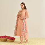 Peach Anarkali Set with Floral Printed Dupatta & Yoke Embroidery