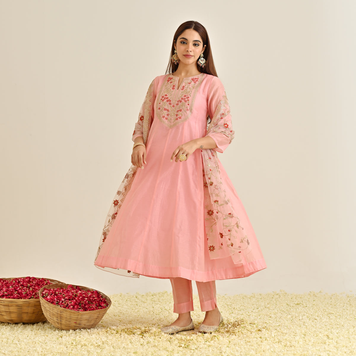 Light Pink Festive Anarkali Set with Embroidered Dupatta & Yoke Detail