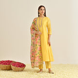 Mango Yellow Anarkali Set with Floral Printed Dupatta & Yoke Embroidery