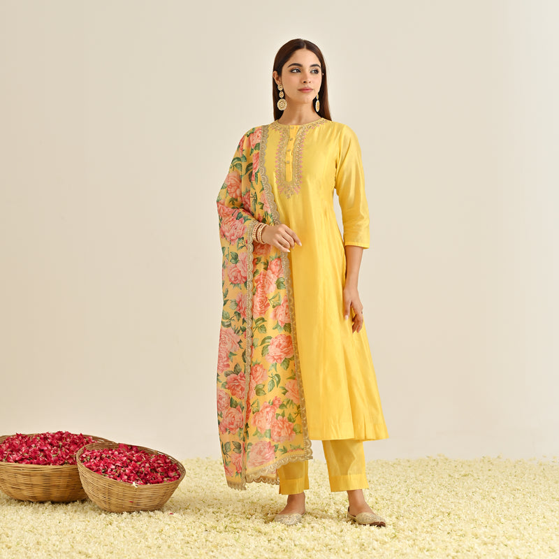Mango Yellow Anarkali Set with Floral Printed Dupatta & Yoke Embroidery