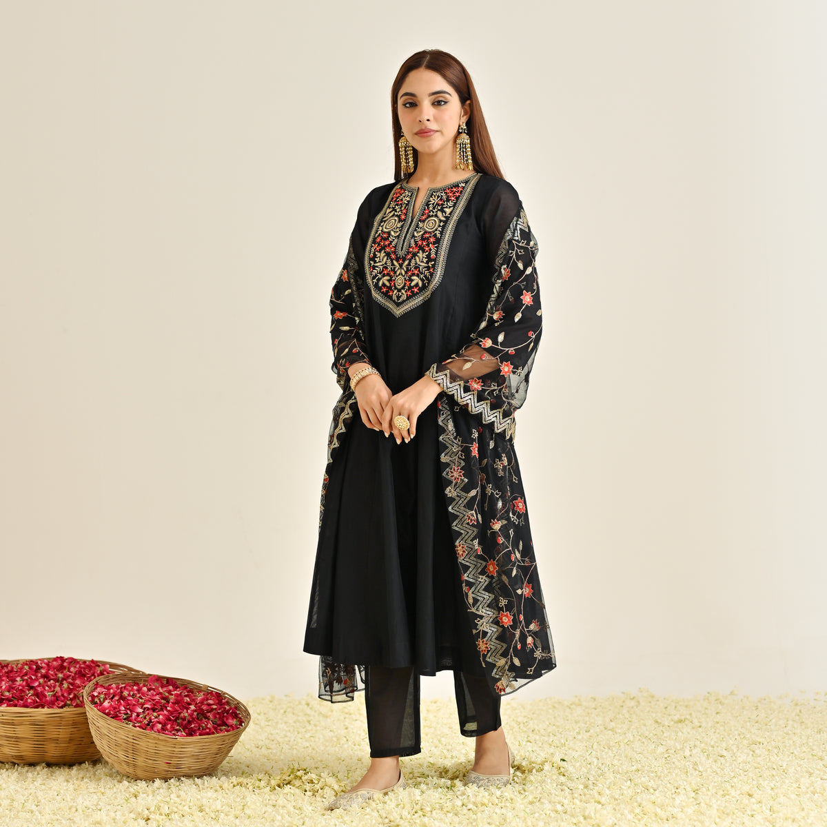 Black Festive Anarkali Set with Embroidered Dupatta & Yoke Detail