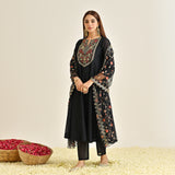 Black Festive Anarkali Set with Embroidered Dupatta & Yoke Detail