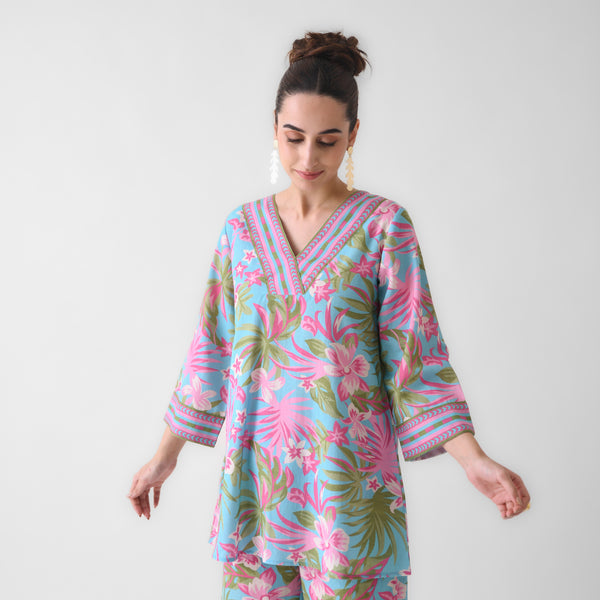 Sky Blue Tropical Cotton Co-ord Set
