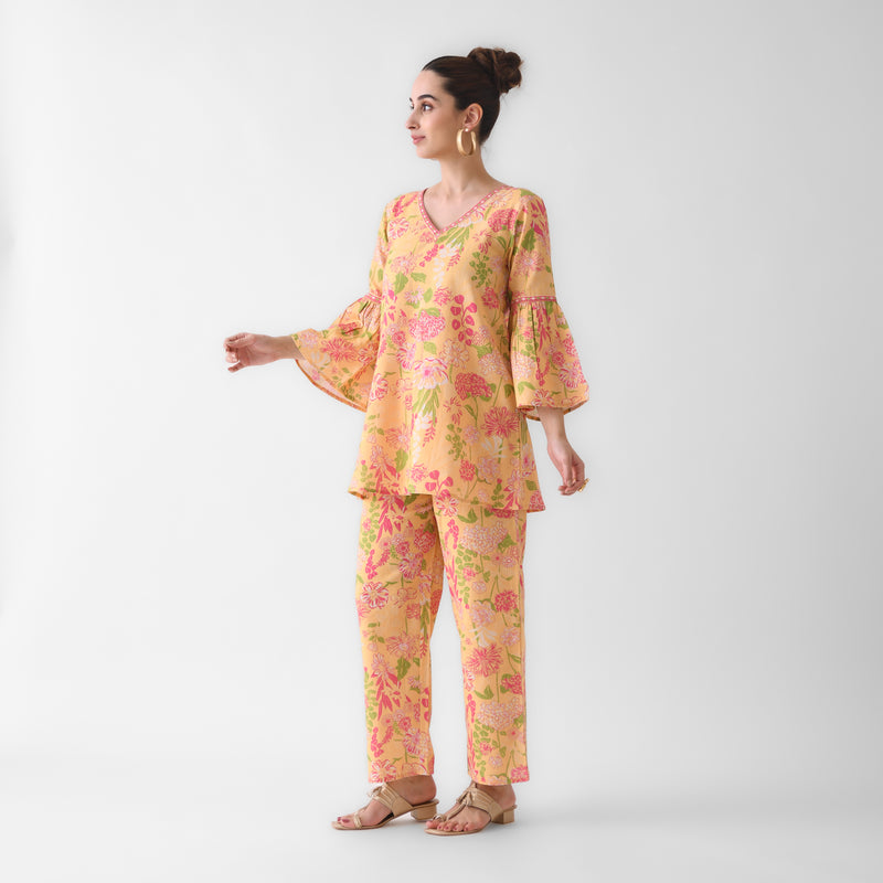 Mango Yellow Floral Cotton Co-ord Set with Flared Sleeves
