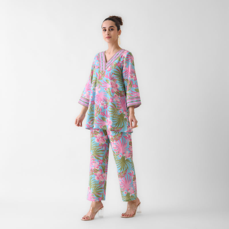 Sky Blue Tropical Cotton Co-ord Set