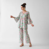 Sky Blue Floral Cotton Co-ord Set with Flared Sleeves