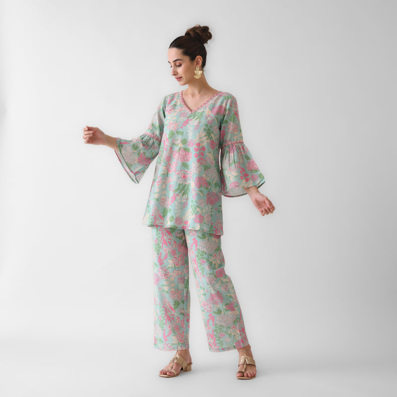 Sky Blue Floral Cotton Co-ord Set with Flared Sleeves