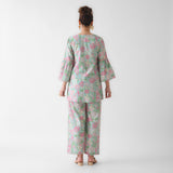 Sky Blue Floral Cotton Co-ord Set with Flared Sleeves