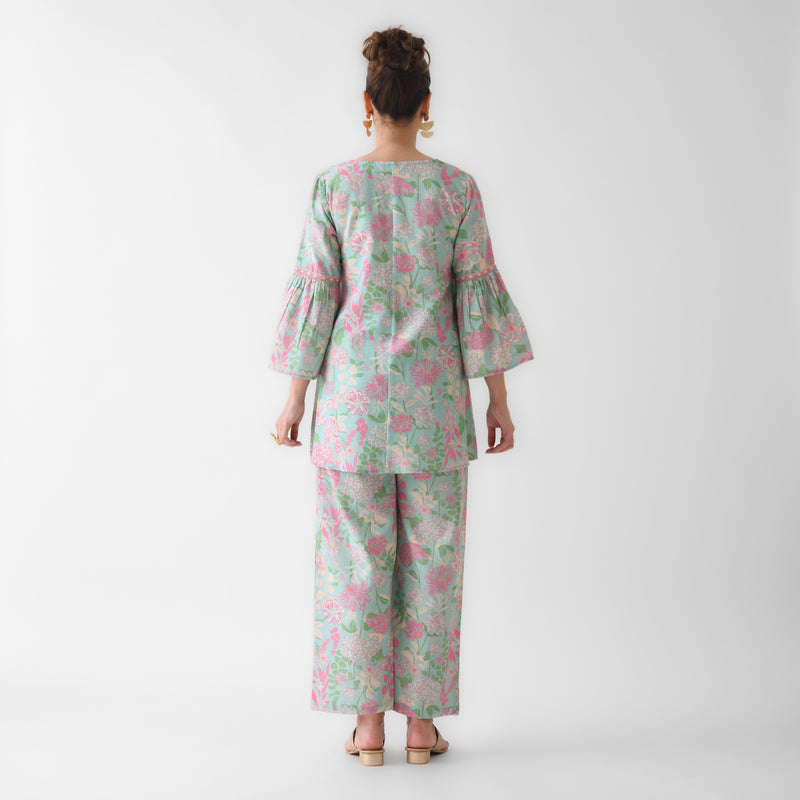 Sky Blue Floral Cotton Co-ord Set with Flared Sleeves