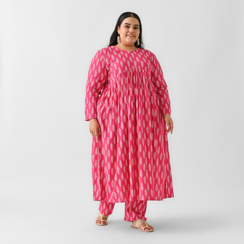 Pink Front Gathered Leaf Print Kurta Pant Set - SOM