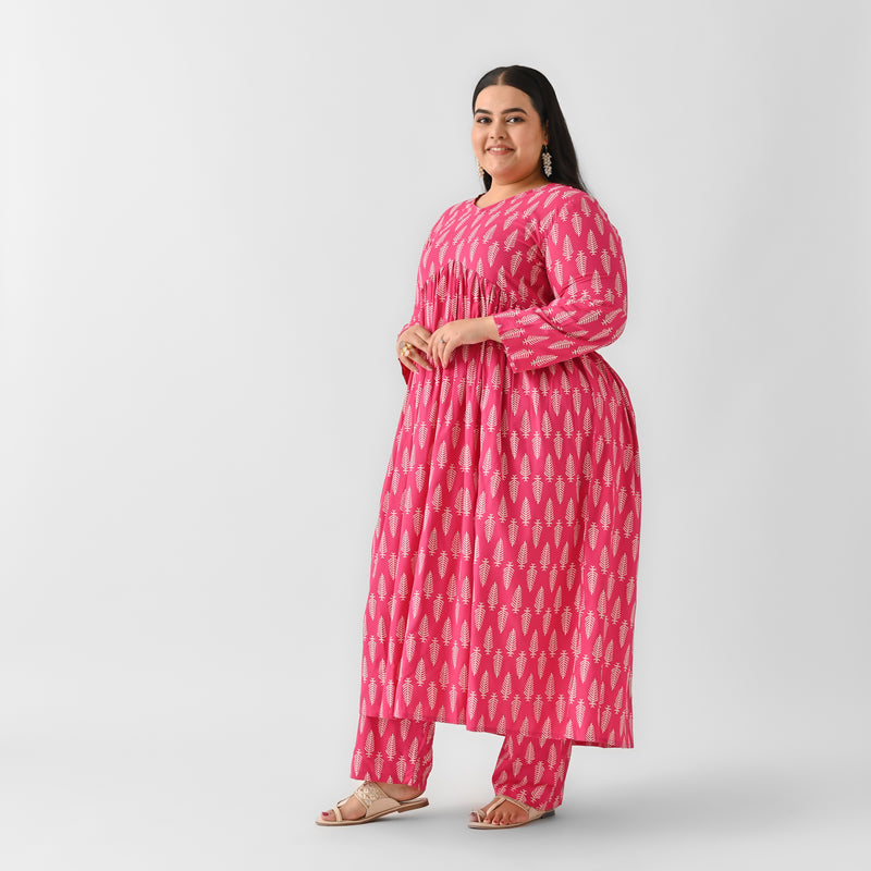 Pink Front Gathered Leaf Print Kurta Pant Set - SOM