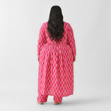 Pink Front Gathered Leaf Print Kurta Pant Set - SOM
