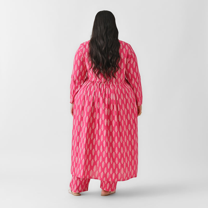 Pink Front Gathered Leaf Print Kurta Pant Set - SOM