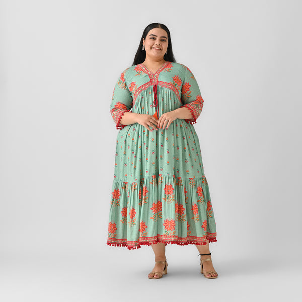 Sky Blue V Neck Tiered Dress with Pompom Detailing - SOM