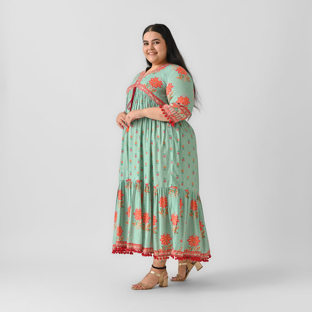 Sky Blue V Neck Tiered Dress with Pompom Detailing - SOM