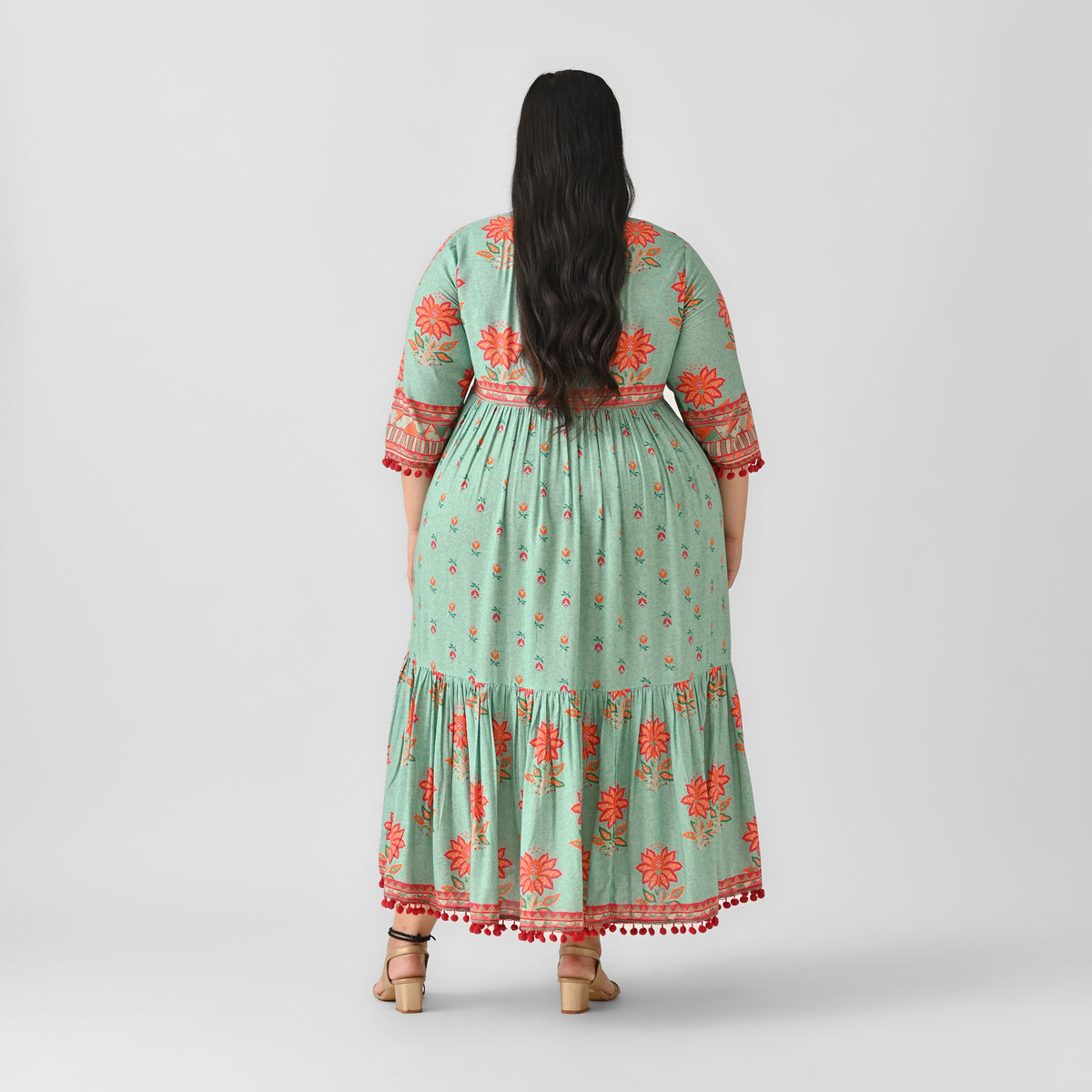 Sky Blue V Neck Tiered Dress with Pompom Detailing - SOM