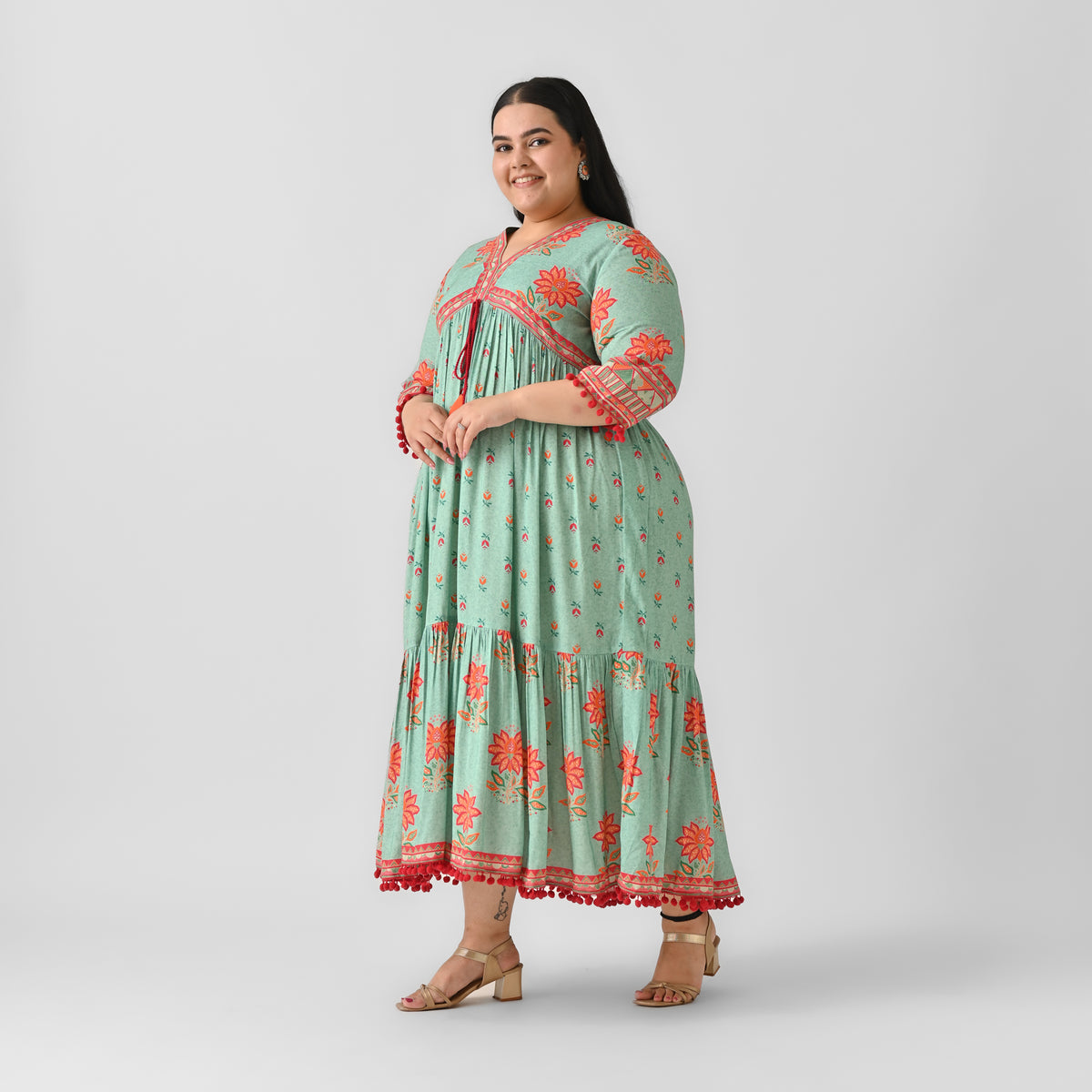 Sky Blue V Neck Tiered Dress with Pompom Detailing - SOM